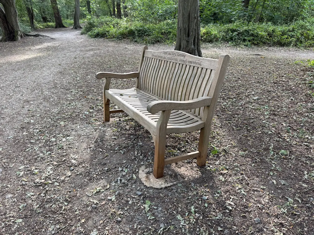A memorial bench to pause beneath the trees.
