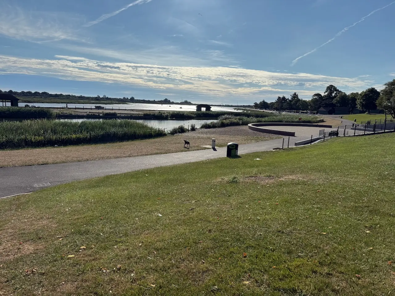 View across the boating lake towards the Blackwater Estuary.
